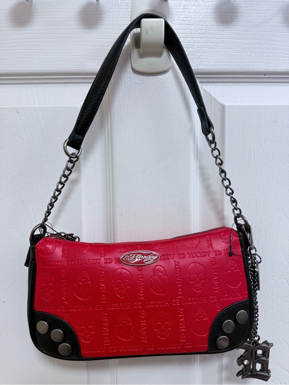 NWT Ed Hardy Red Embossed Leather Shoulder Bag with Black Trim